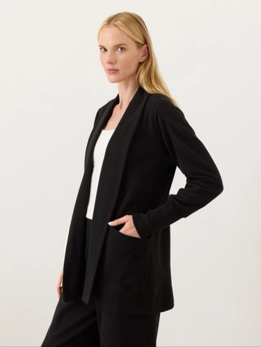 PACT Airplane Cardigan Black 100% Organic Cotton Travel Longline Womens Size M L - Picture 14 of 14